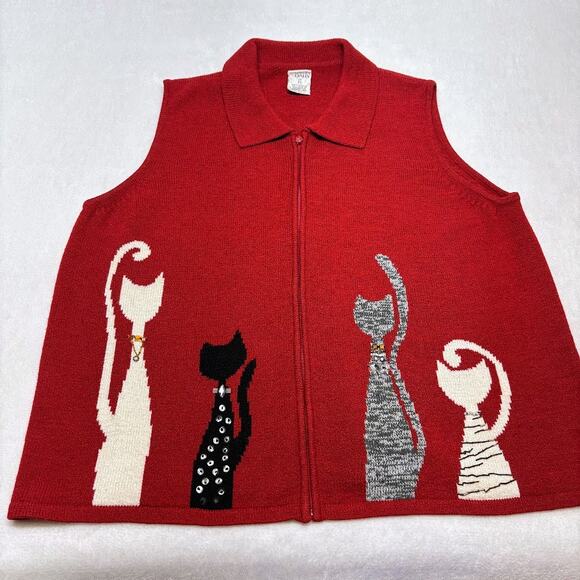 Allison Daley Embellished Cats Knit Red Sweater Vest Womens Plus Size 3X - Picture 1 of 11